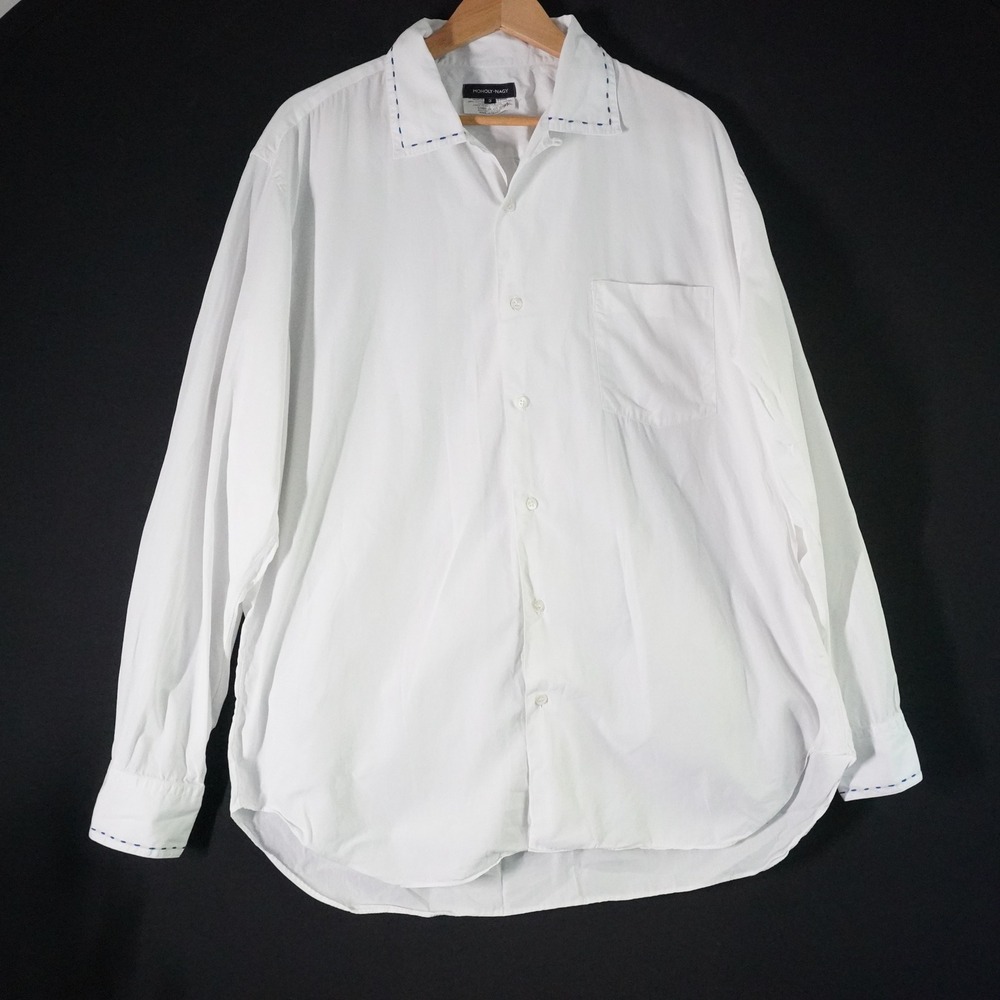 Moholy-Nagy France Button-Up White Shirt Long‎ Sleeve Cotton Blue Stitch Detail